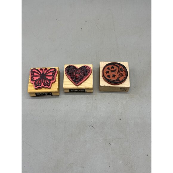 set of 3 rubber stamps on wood heart and flowers moon and stars butterfly READ - Picture 5 of 8